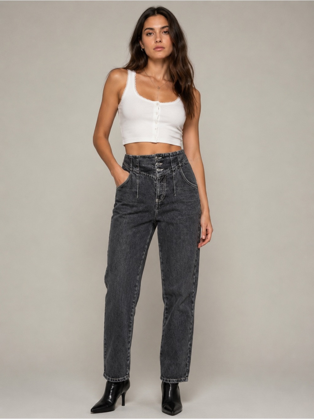 Topshop Black Barrel Leg Jeans High Rise Button Fly 100% Cotton W26 L30